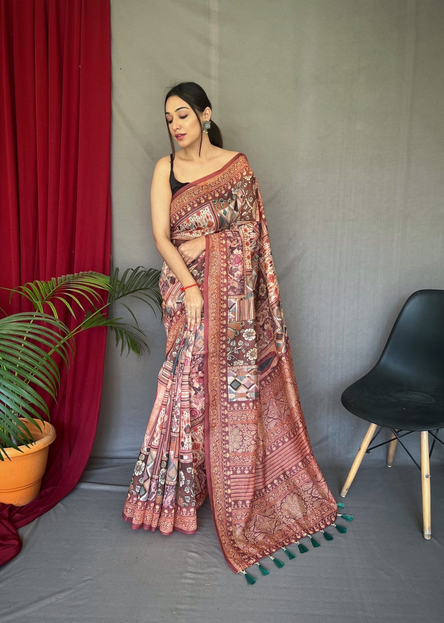 One Minute Ready to Wear Brown Ajrakh Carpet Silk Cotton Printed Saree