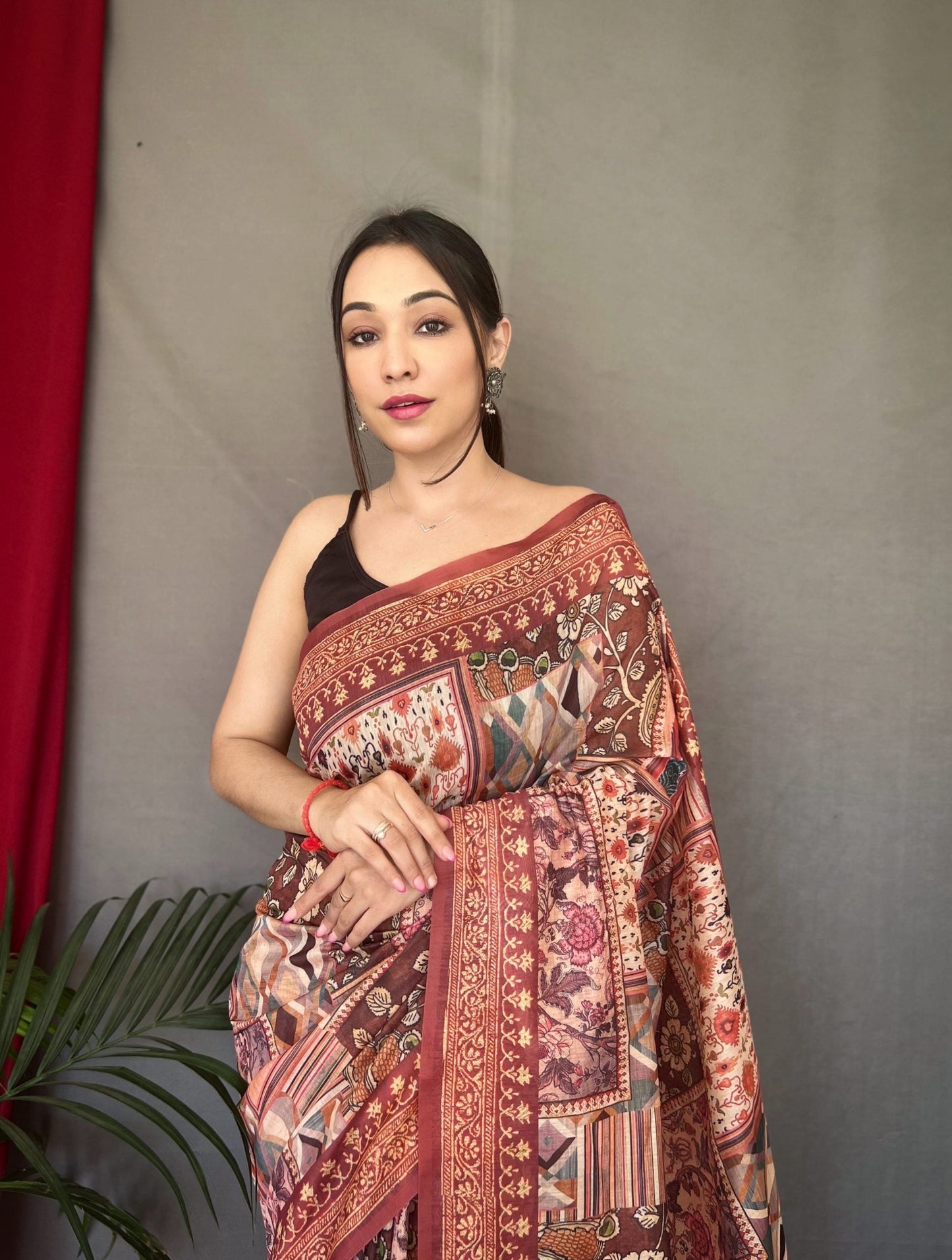 One Minute Ready to Wear Brown Ajrakh Carpet Silk Cotton Printed Saree