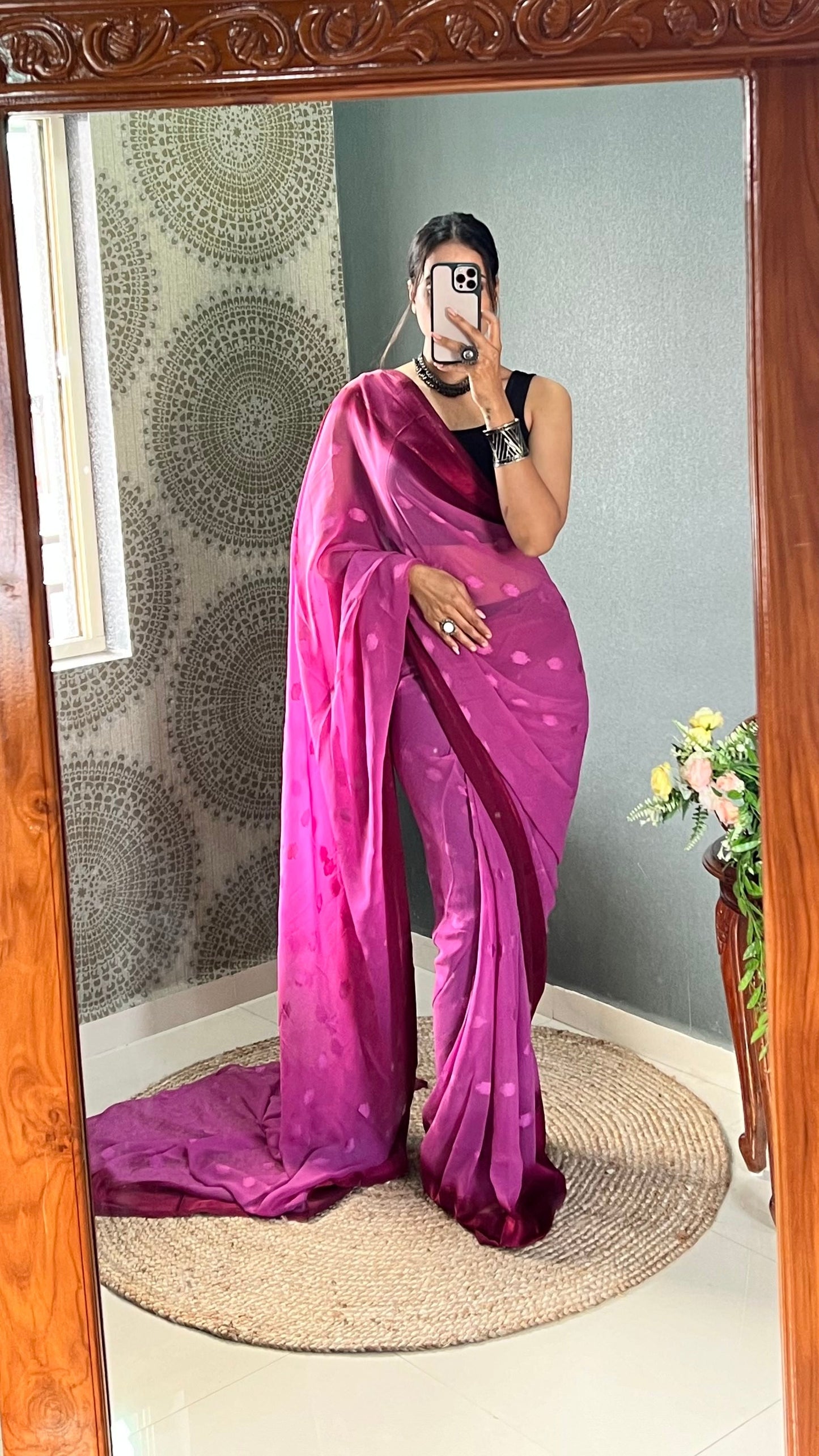 1 MIN Ready To Wear Pink Yamuna Saree