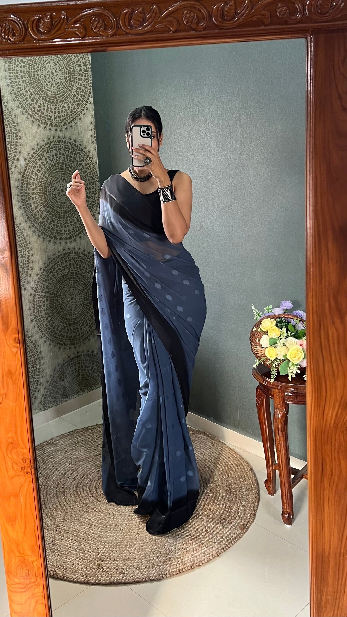 1 MIN Ready To Wear Bluish Grey Yamuna Saree