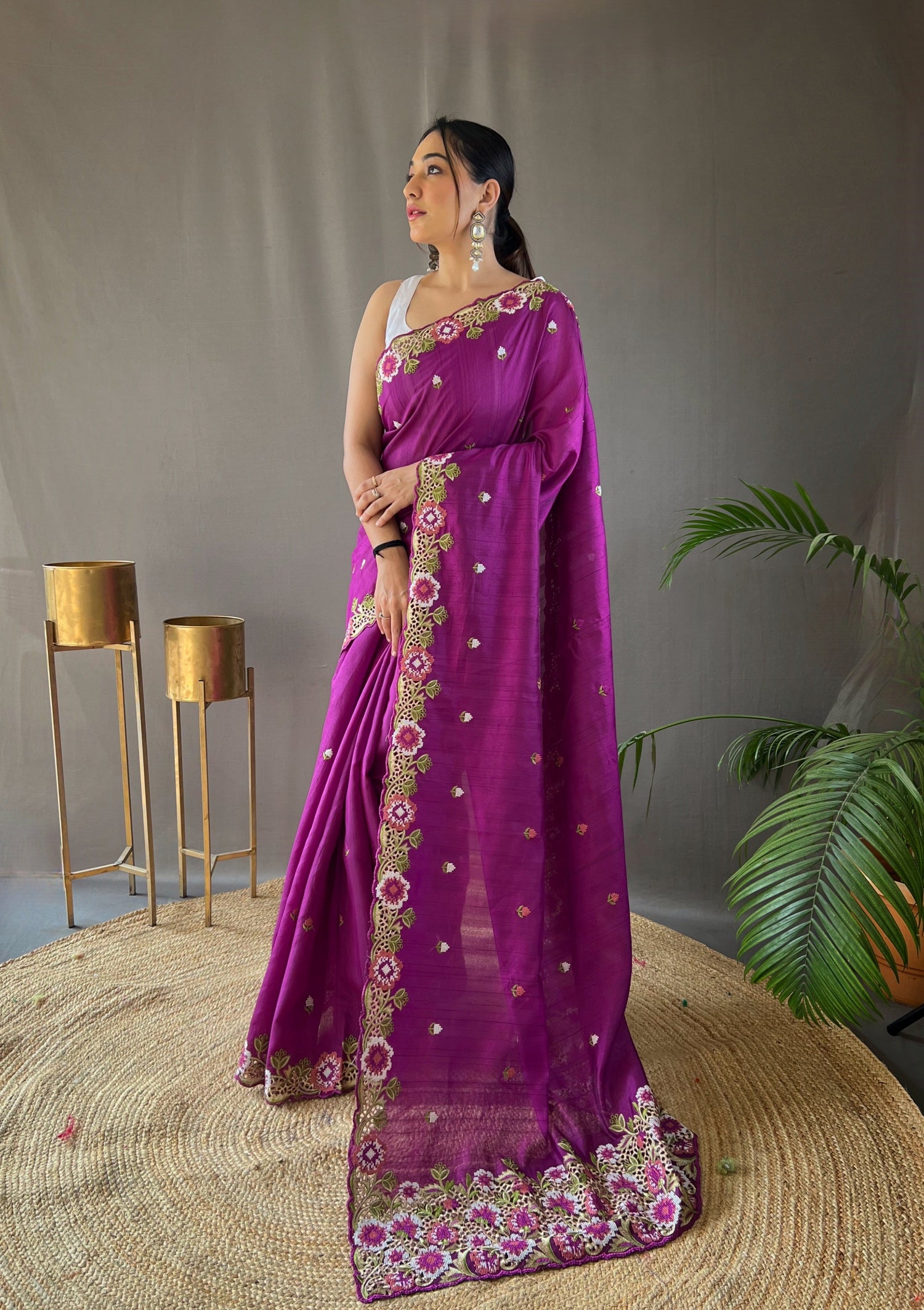 One Minute Ready to Wear Purple Narmada Tussar Silk Embroidered Saree