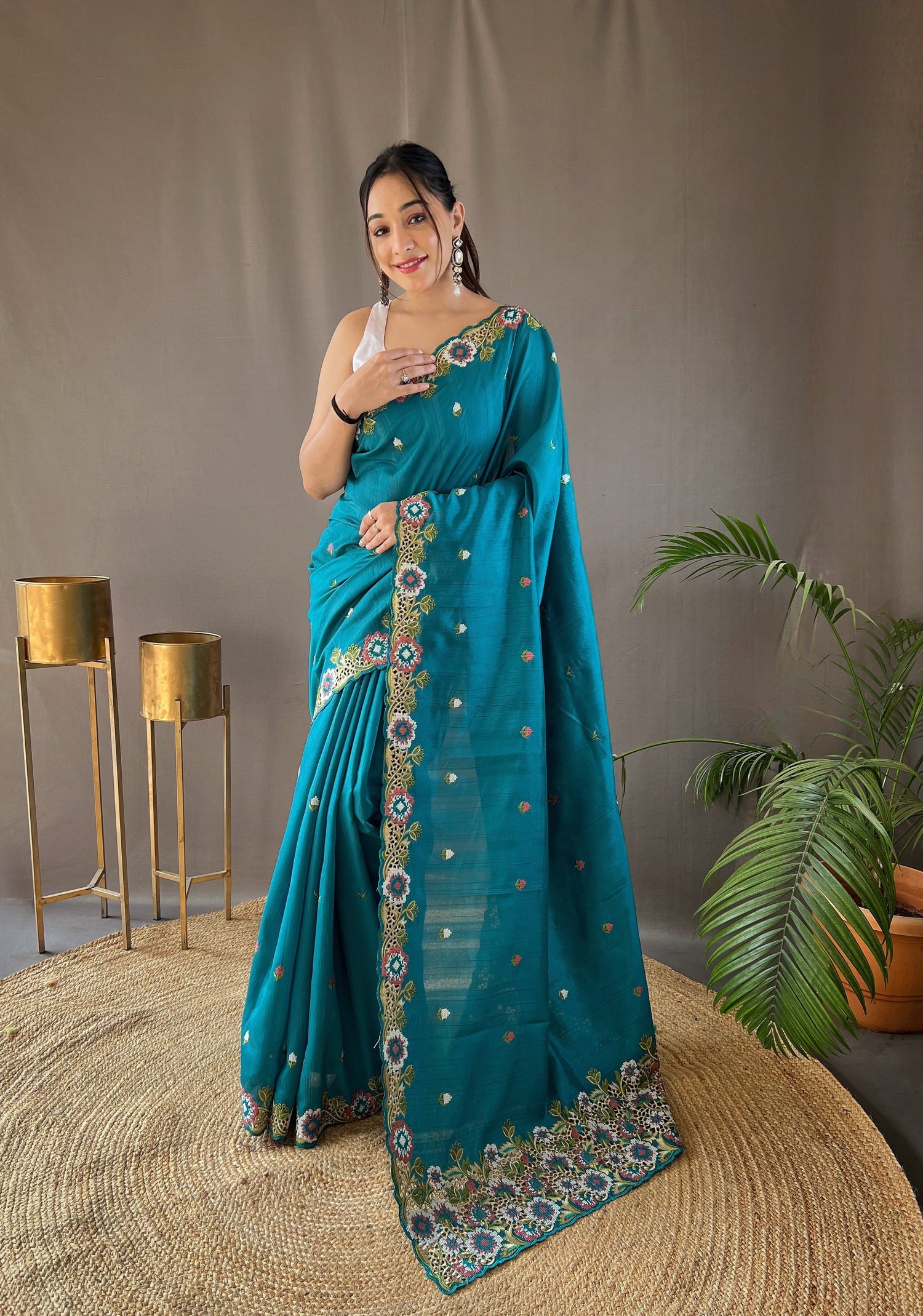 One Minute Ready to Wear Sky Blue Narmada Tussar Silk Embroidered Saree