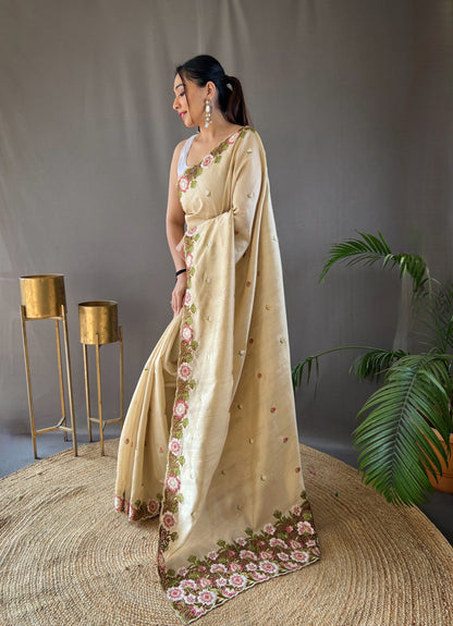 One Minute Ready to Wear Ivory Narmada Tussar Silk Embroidered Saree