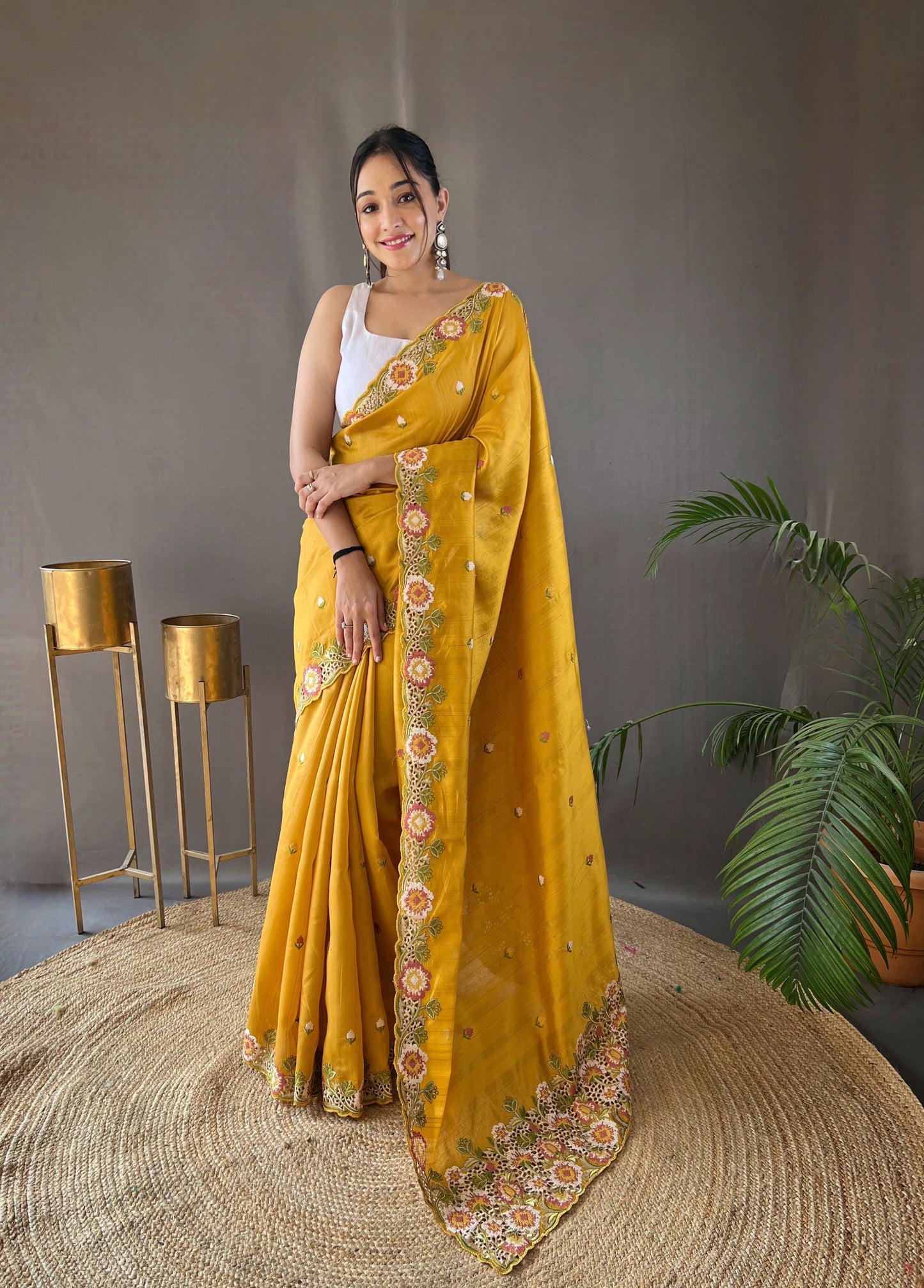 One Minute Ready to Wear Yellow Narmada Tussar Silk Embroidered Saree