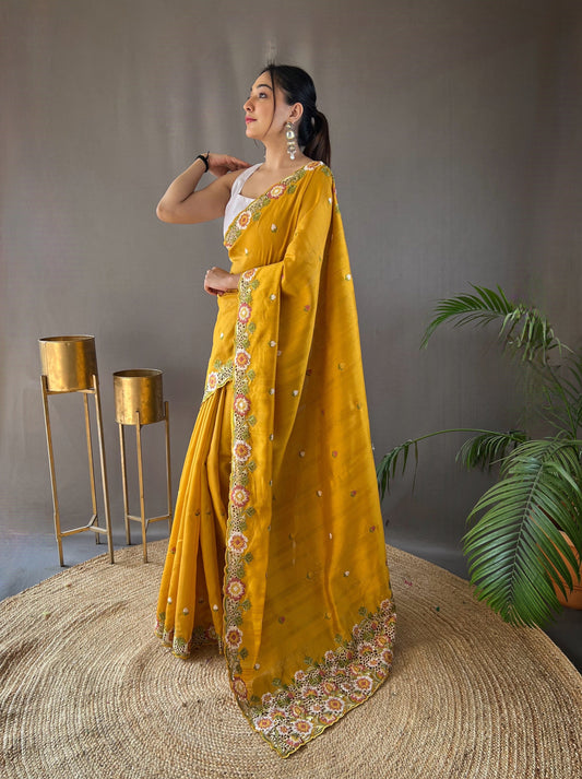 One Minute Ready to Wear Yellow Narmada Tussar Silk Embroidered Saree