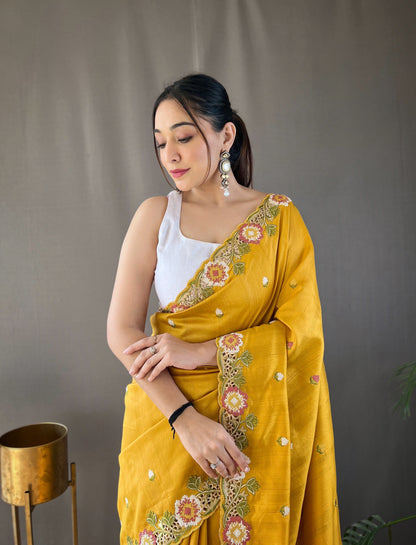 One Minute Ready to Wear Yellow Narmada Tussar Silk Embroidered Saree