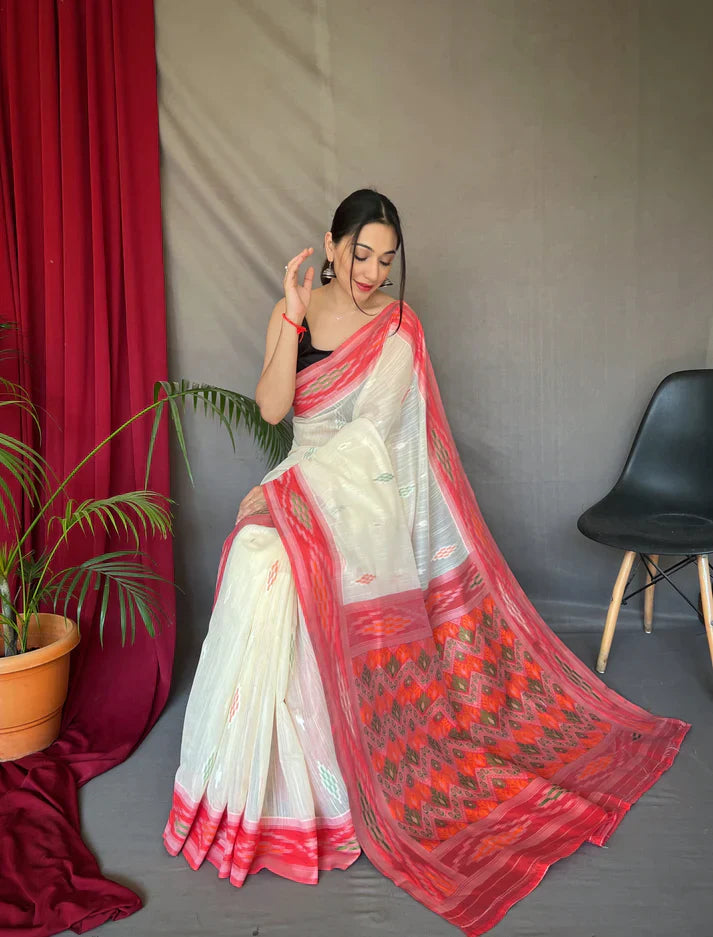 1 MIN Ready To Wear White Cotton Ikat Woven Saree