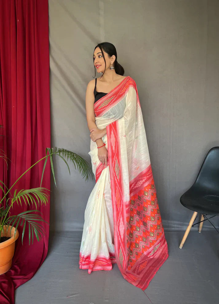 1 MIN Ready To Wear White Cotton Ikat Woven Saree