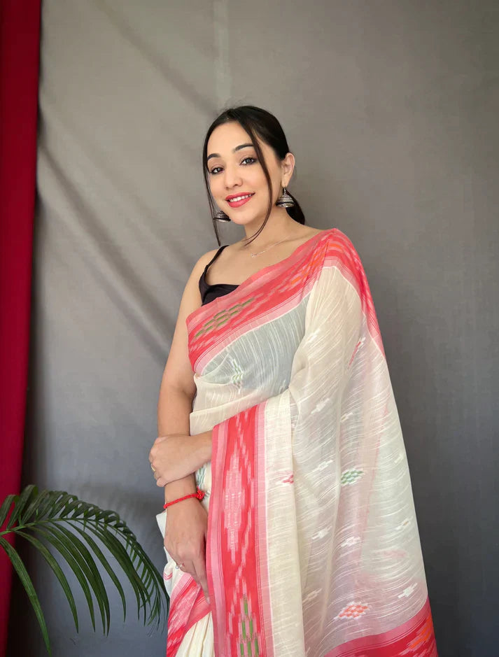 1 MIN Ready To Wear White Cotton Ikat Woven Saree