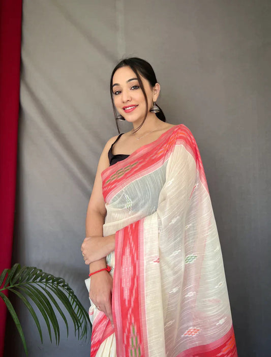 1 MIN Ready To Wear White Cotton Ikat Woven Saree