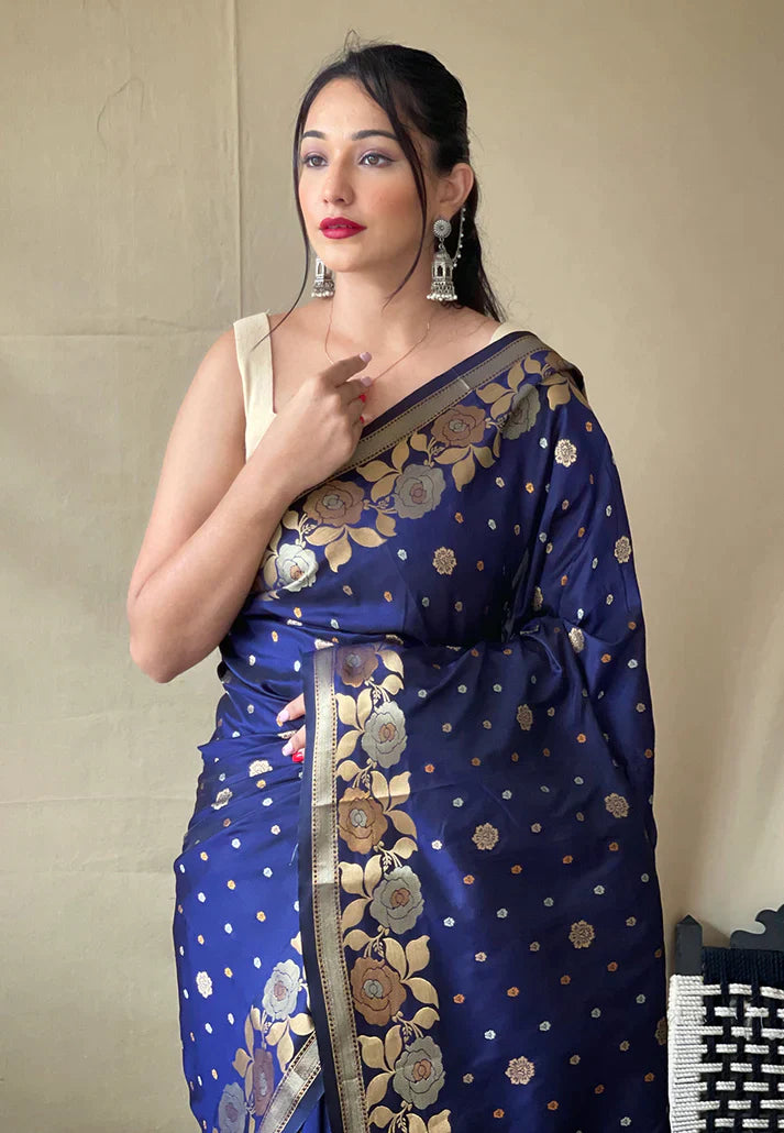 1 MIN Ready To Wear Navy Blue Suhani Banarasi Silk Zari Woven Saree