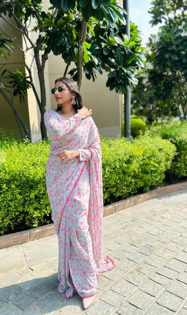 One Min Ready to Wear Grey Pink Lily Saree