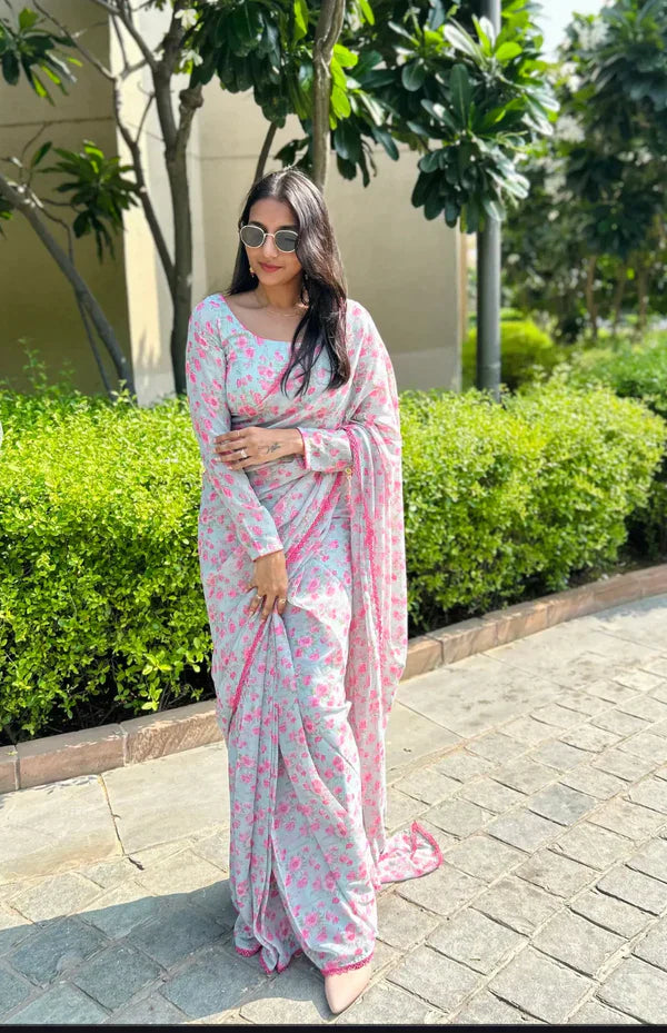 One Min Ready to Wear Grey Pink Lily Saree