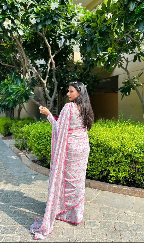 One Min Ready to Wear Grey Pink Lily Saree