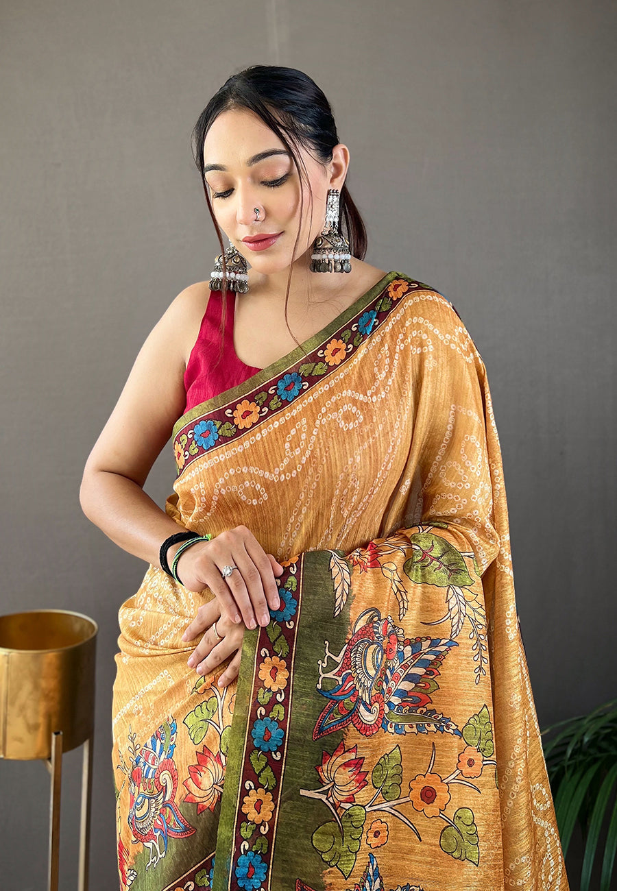 Bhargavi Yellow Cotton Kalamkari Printed Saree