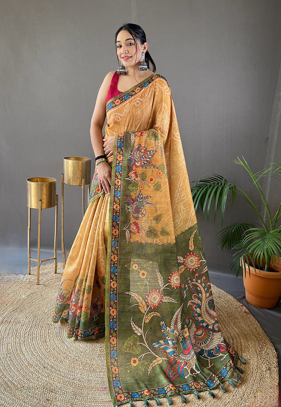 Bhargavi Yellow Cotton Kalamkari Printed Saree