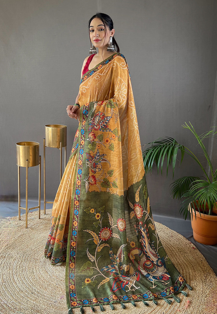 Bhargavi Yellow Cotton Kalamkari Printed Saree