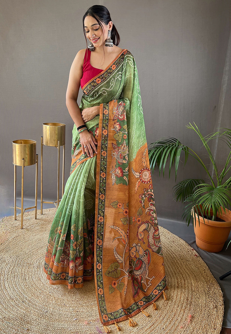 Bhargavi Green Cotton Kalamkari Printed Saree