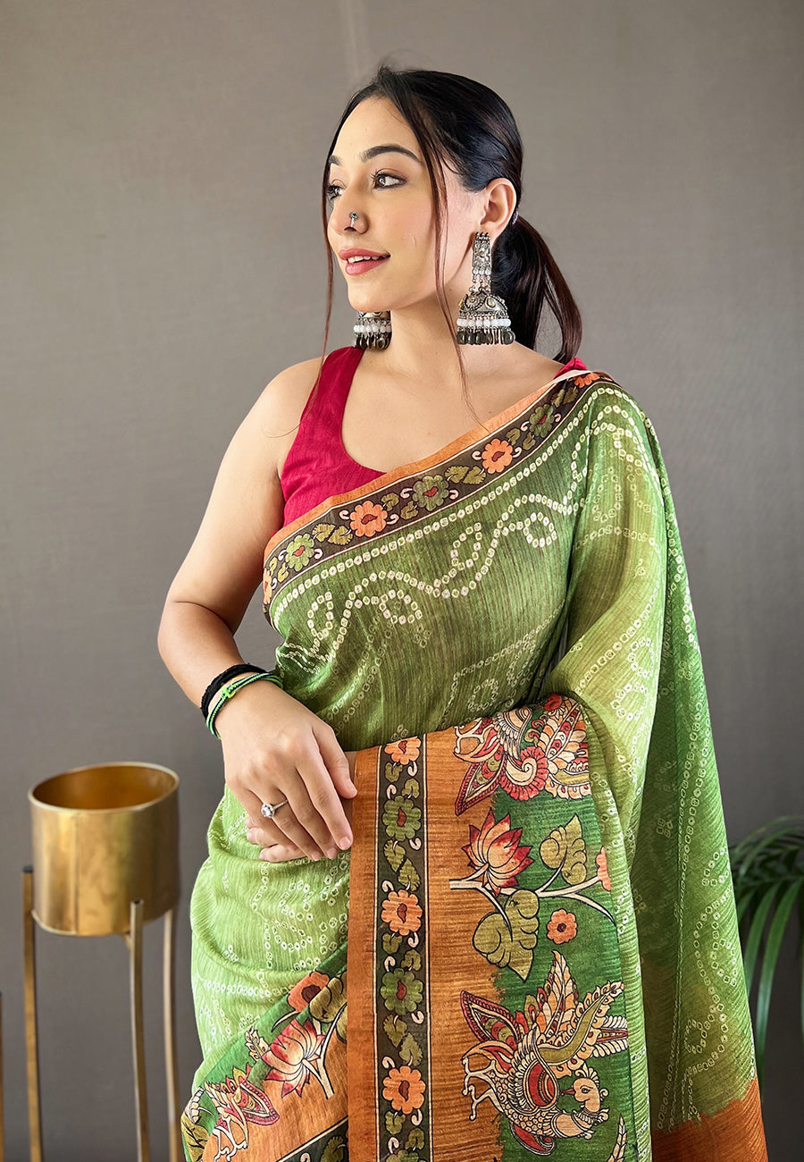 Bhargavi Green Cotton Kalamkari Printed Saree