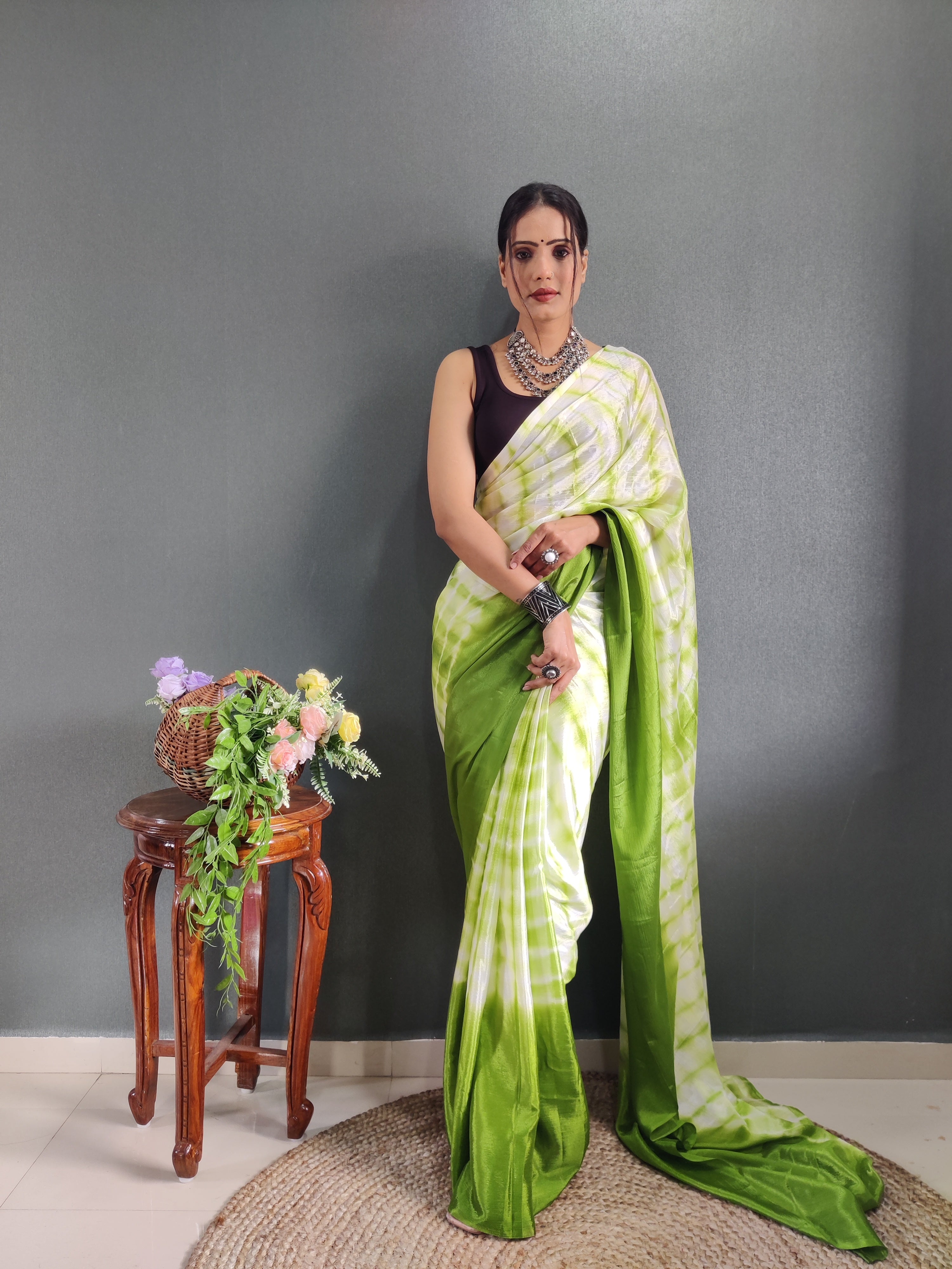 1 MIN Ready To Wear Sibori Border Parrot White Saree