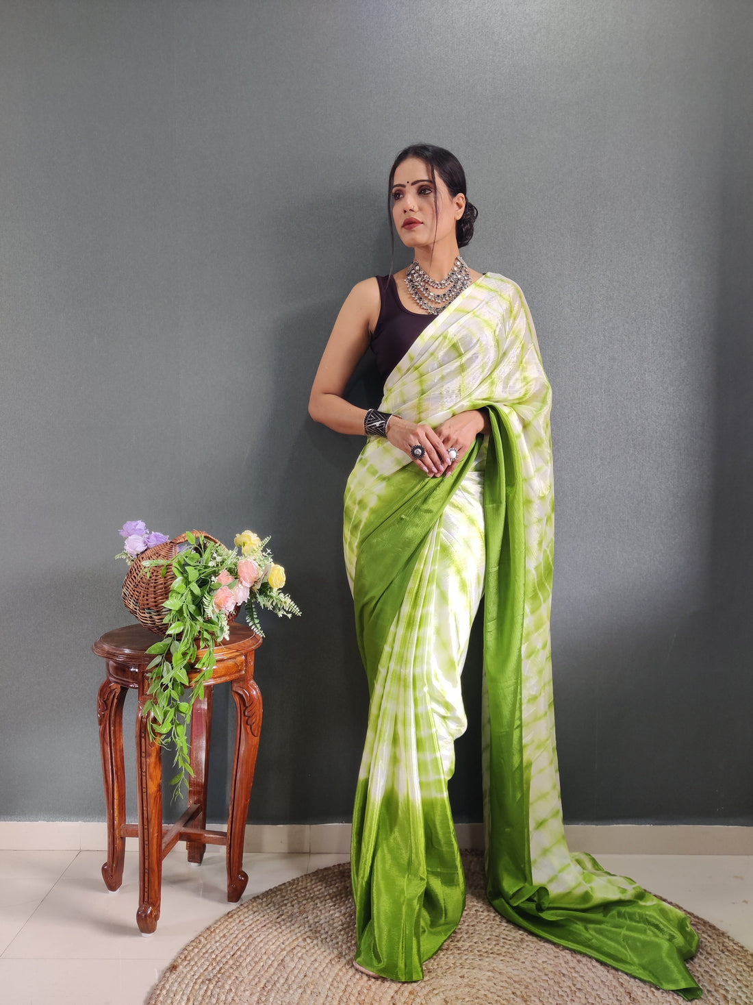 1 MIN Ready To Wear Sibori Border Parrot White Saree