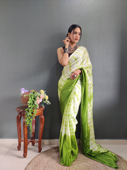 1 MIN Ready To Wear Sibori Border Parrot White Saree