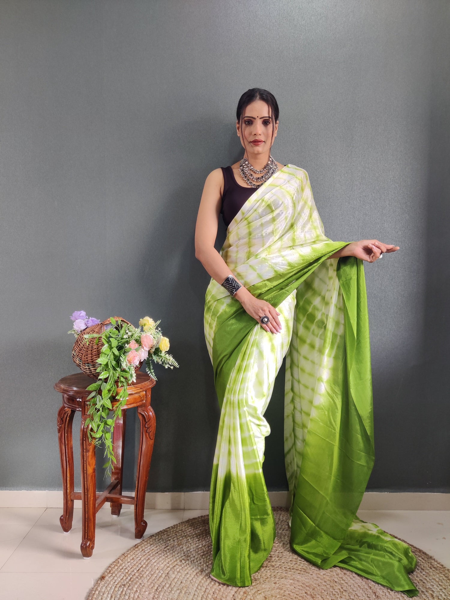 1 MIN Ready To Wear Sibori Border Parrot White Saree