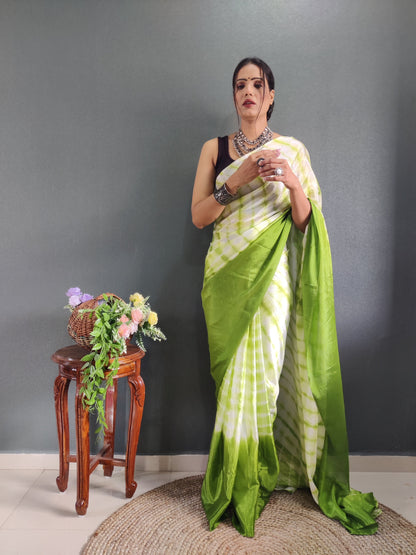 1 MIN Ready To Wear Sibori Border Parrot White Saree