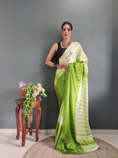 1 MIN Ready To Wear Sibori Border Parrot White Saree