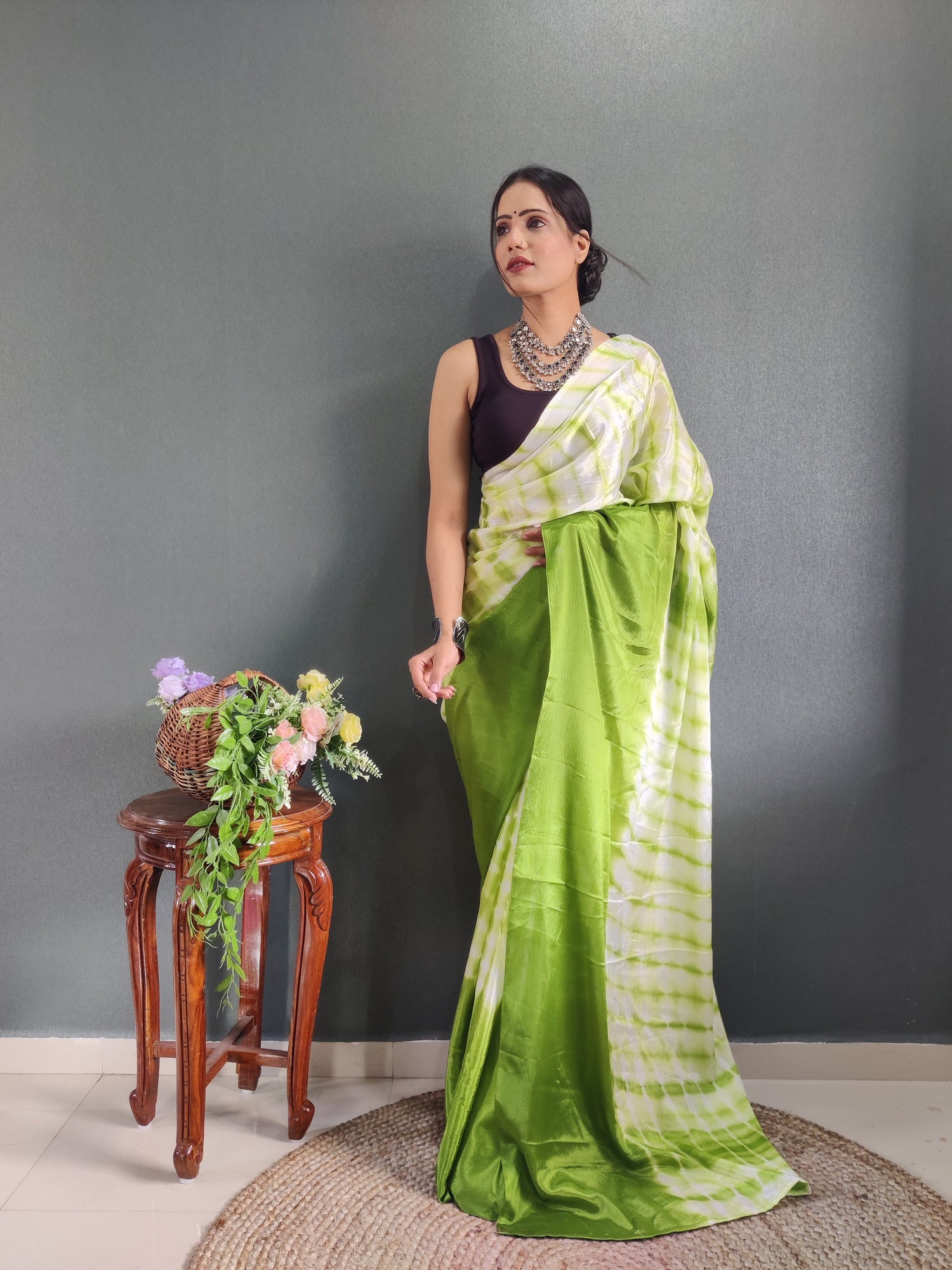 1 MIN Ready To Wear Sibori Border Parrot White Saree