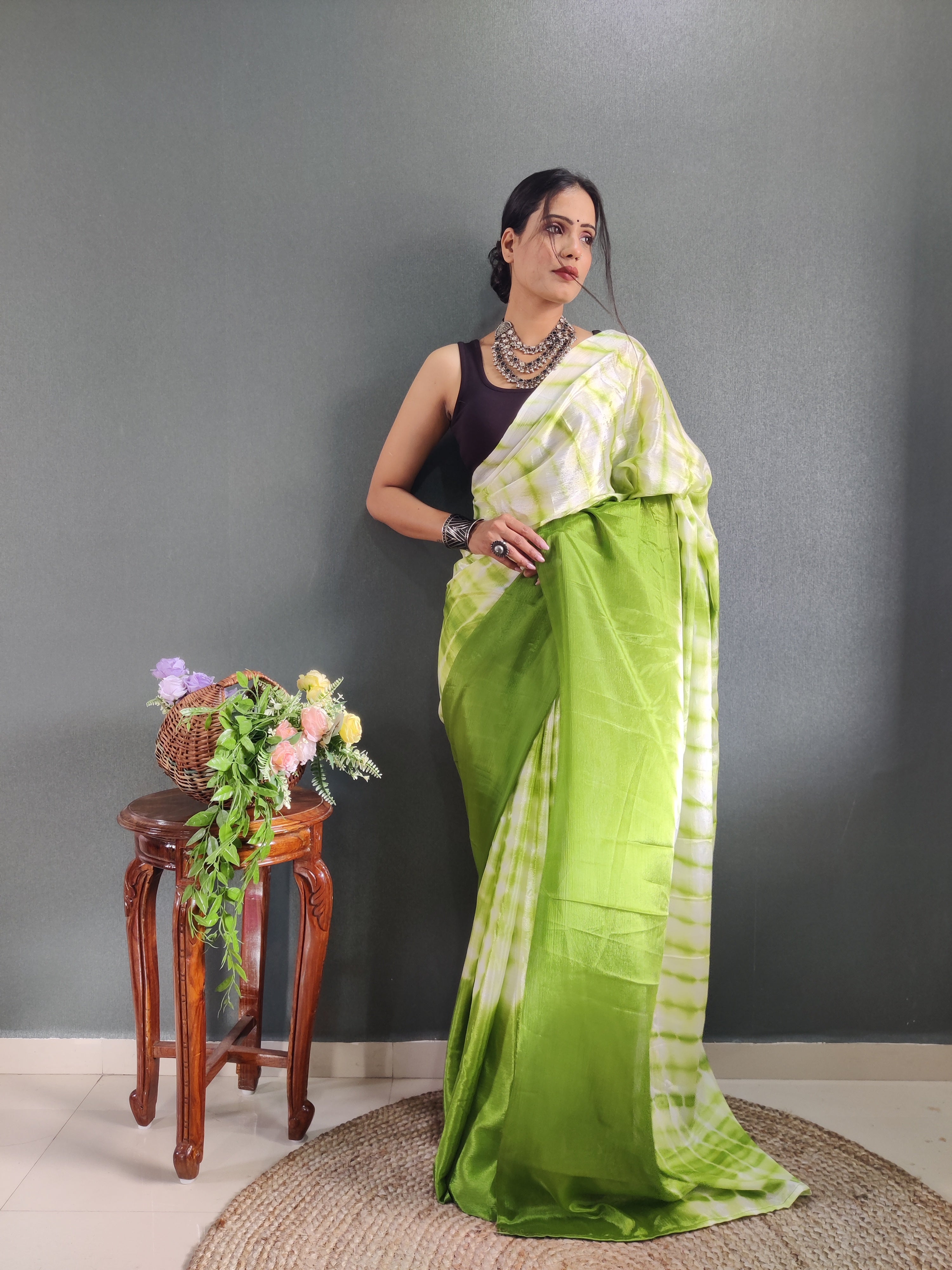 1 MIN Ready To Wear Sibori Border Parrot White Saree