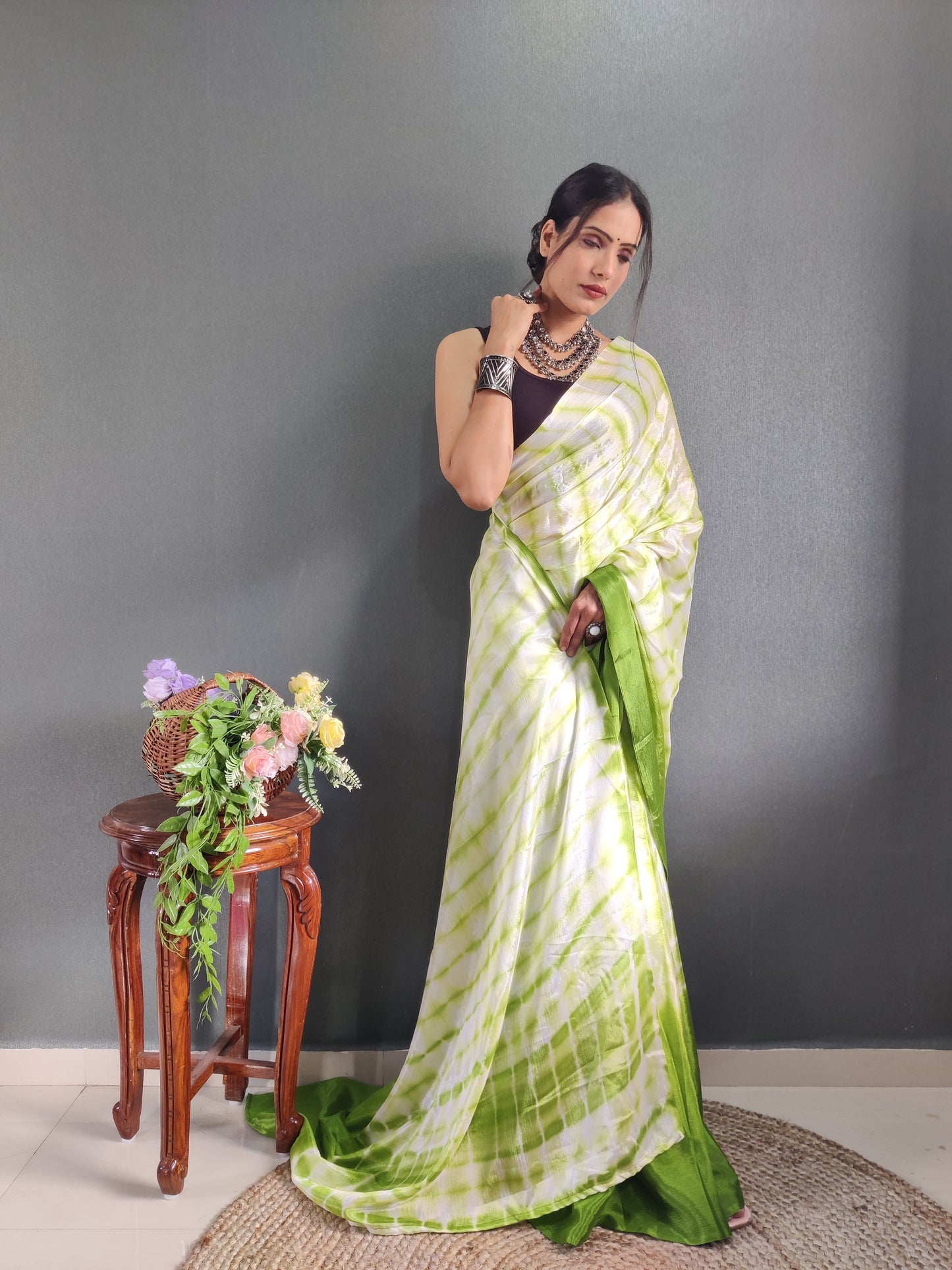 1 MIN Ready To Wear Sibori Border Parrot White Saree