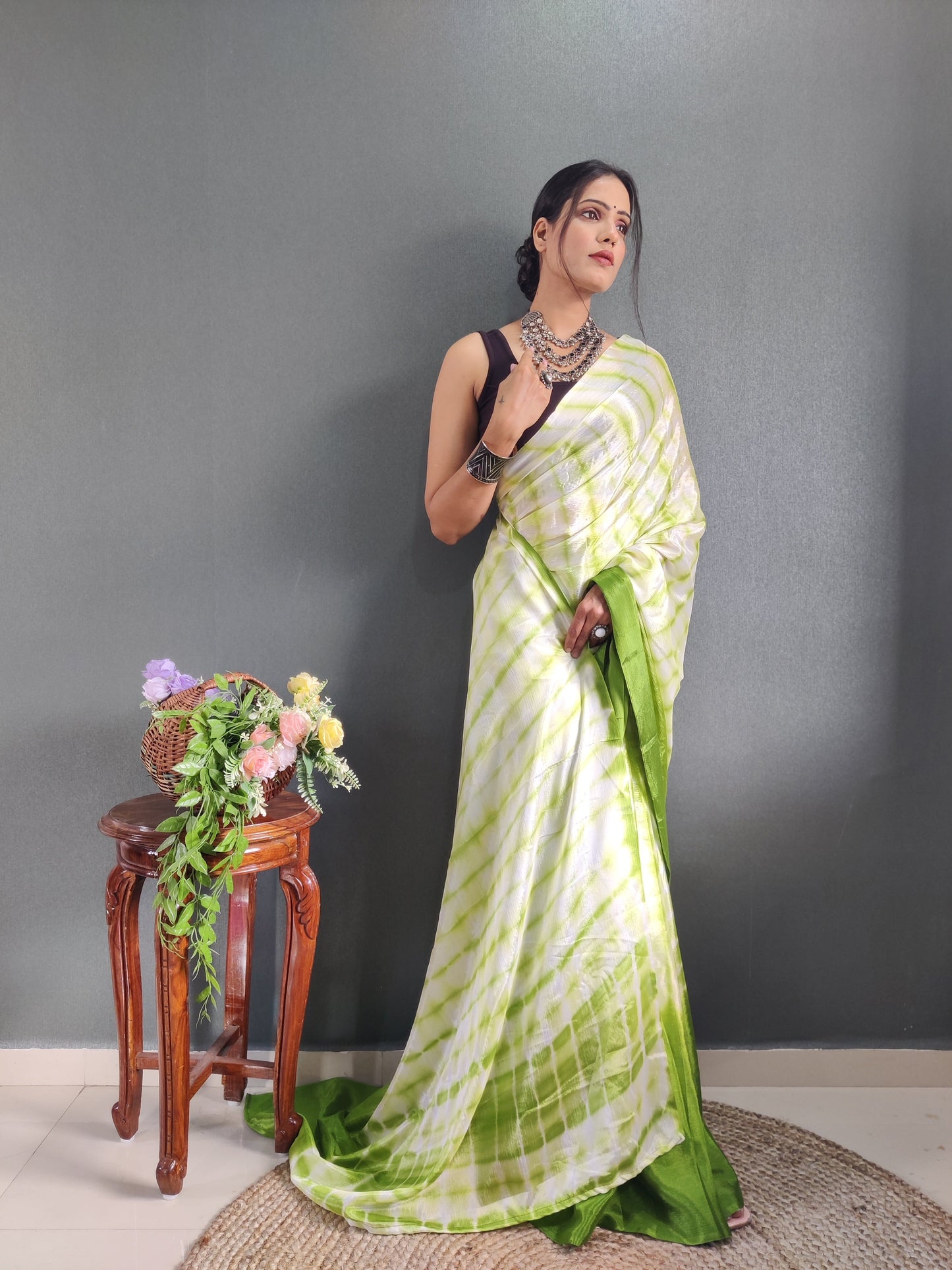 1 MIN Ready To Wear Sibori Border Parrot White Saree