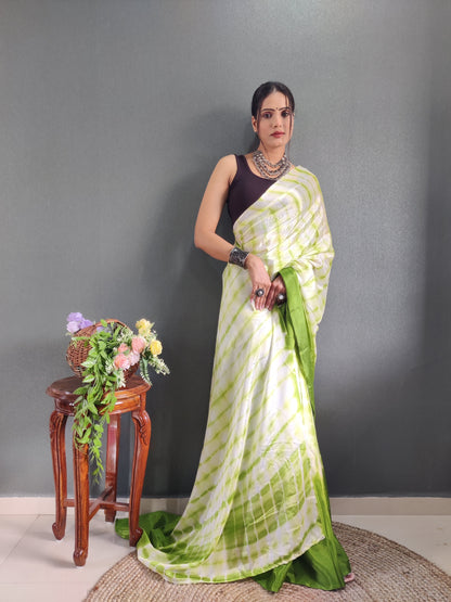 1 MIN Ready To Wear Sibori Border Parrot White Saree