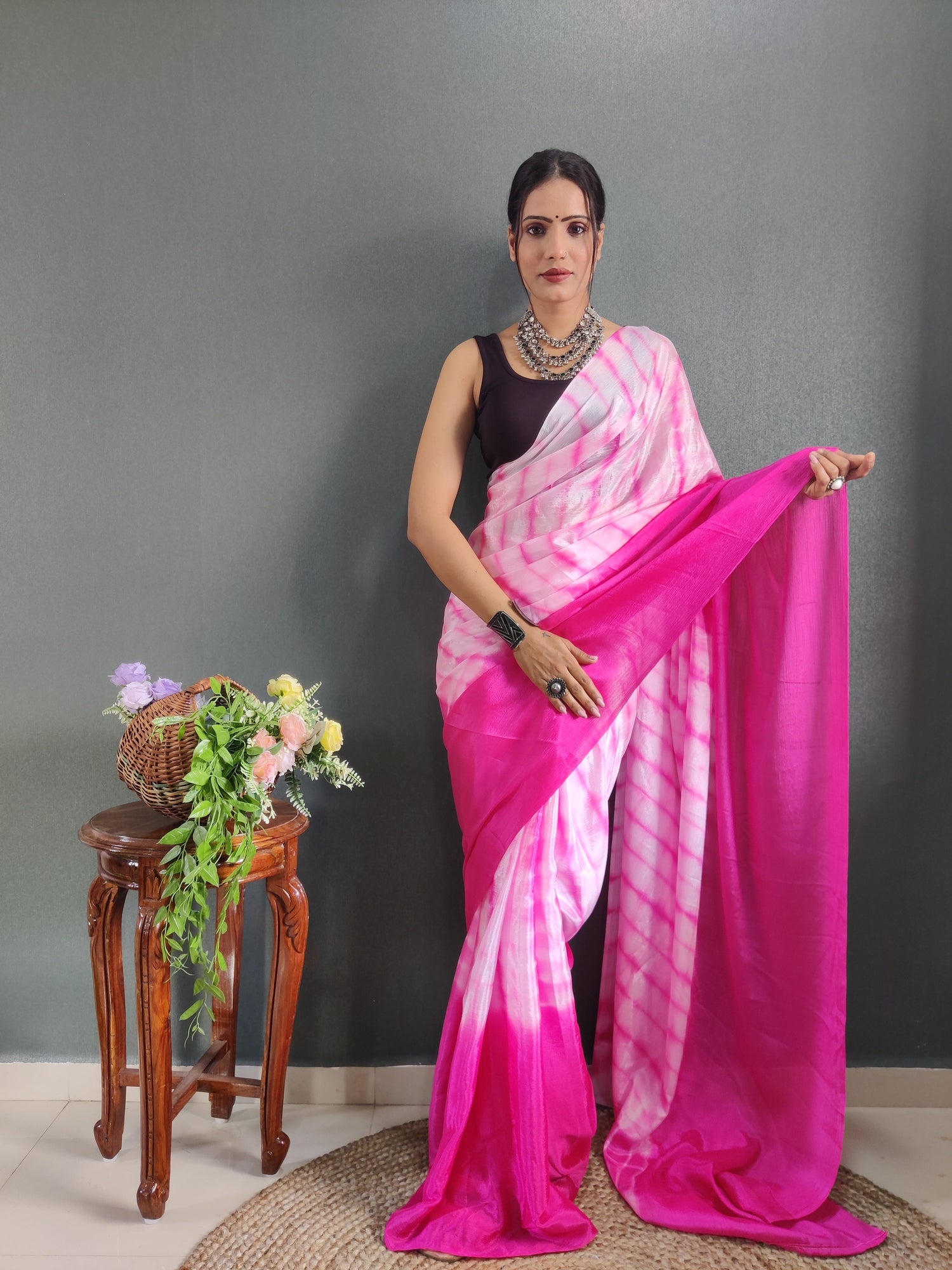 1 MIN Ready To Wear Sibori Border Pink White Saree