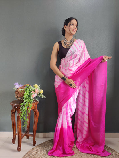 1 MIN Ready To Wear Sibori Border Pink White Saree