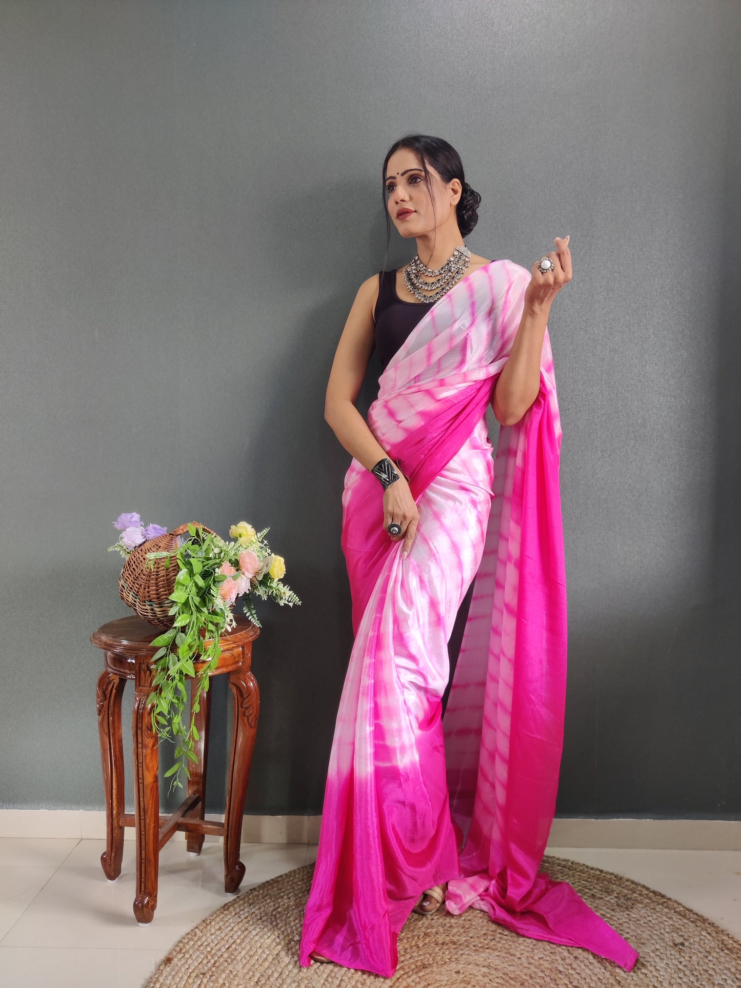 1 MIN Ready To Wear Sibori Border Pink White Saree