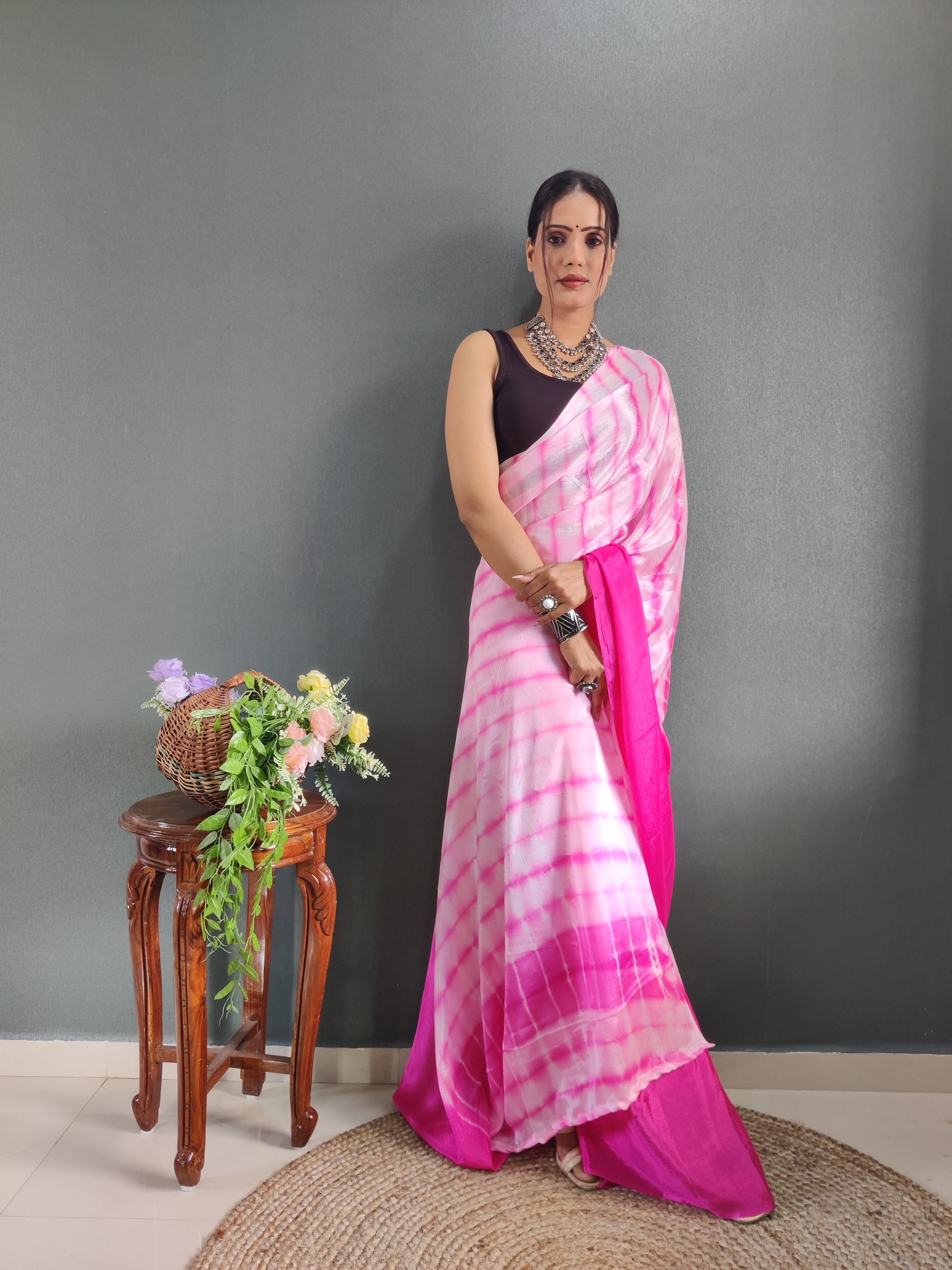 1 MIN Ready To Wear Sibori Border Pink White Saree