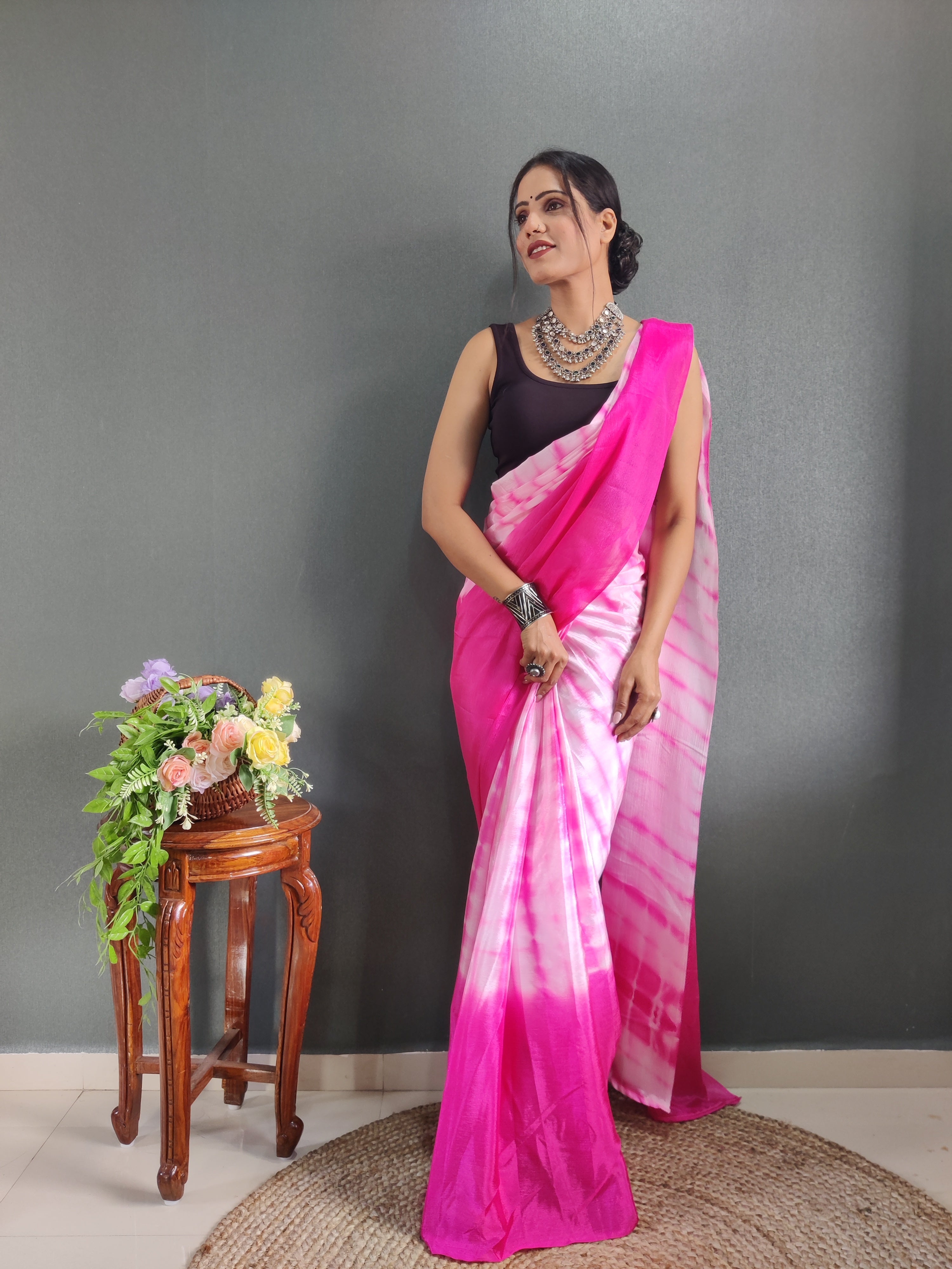 1 MIN Ready To Wear Sibori Border Pink White Saree