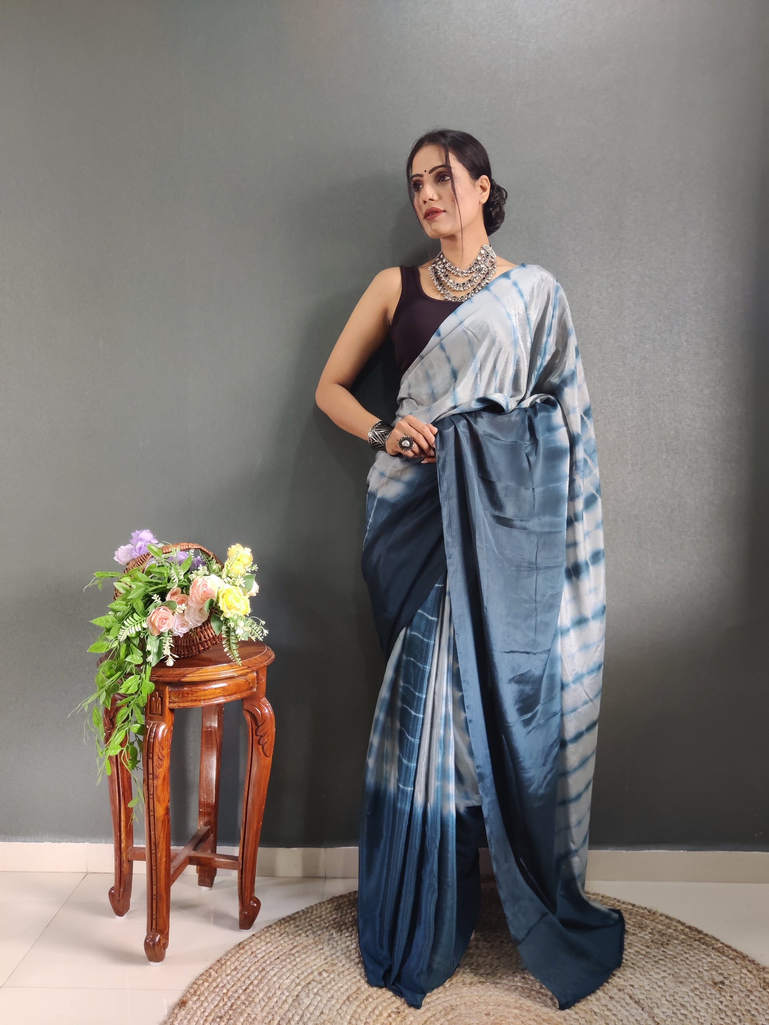 1 MIN Ready To Wear Sibori Border Dark Blue White Saree