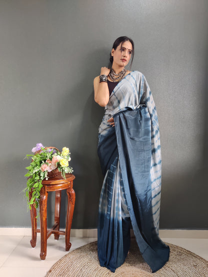 1 MIN Ready To Wear Sibori Border Dark Blue White Saree