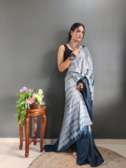 1 MIN Ready To Wear Sibori Border Dark Blue White Saree