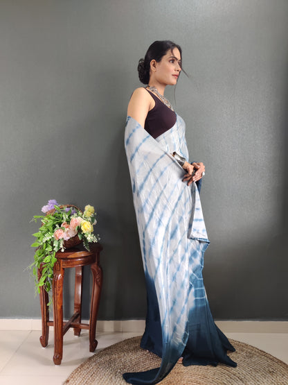 1 MIN Ready To Wear Sibori Border Dark Blue White Saree