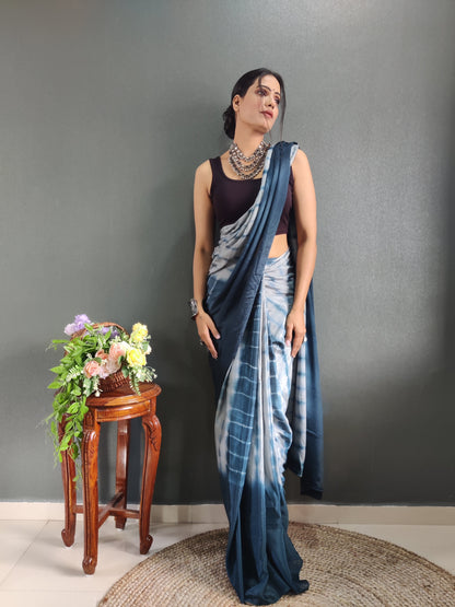 1 MIN Ready To Wear Sibori Border Dark Blue White Saree