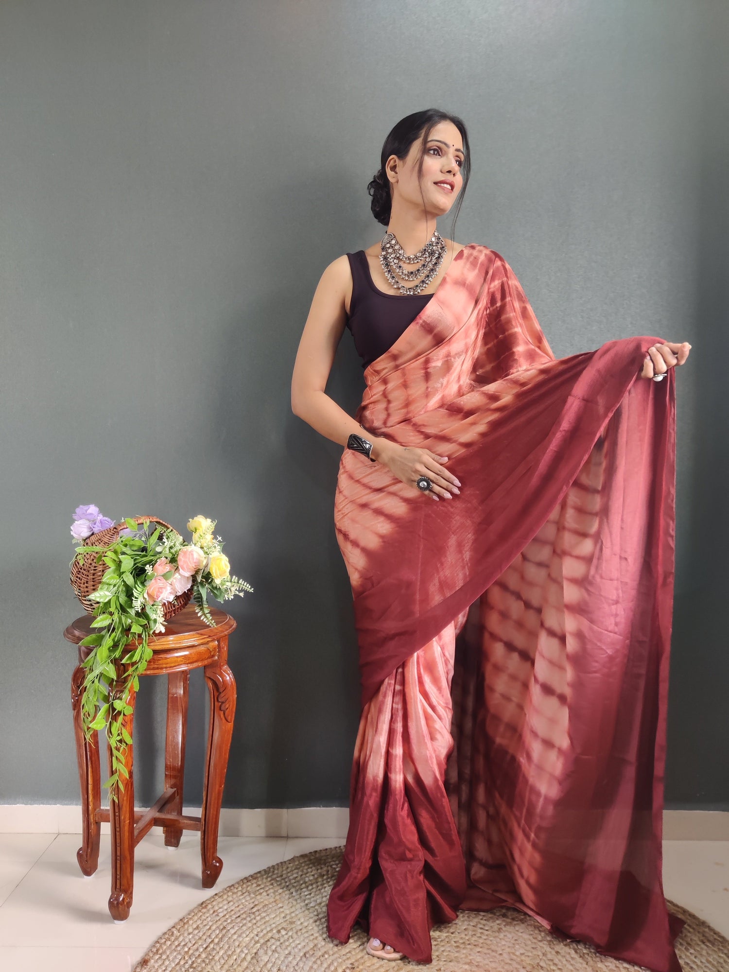 1 MIN Ready To Wear Sibori Border Red Shade Saree