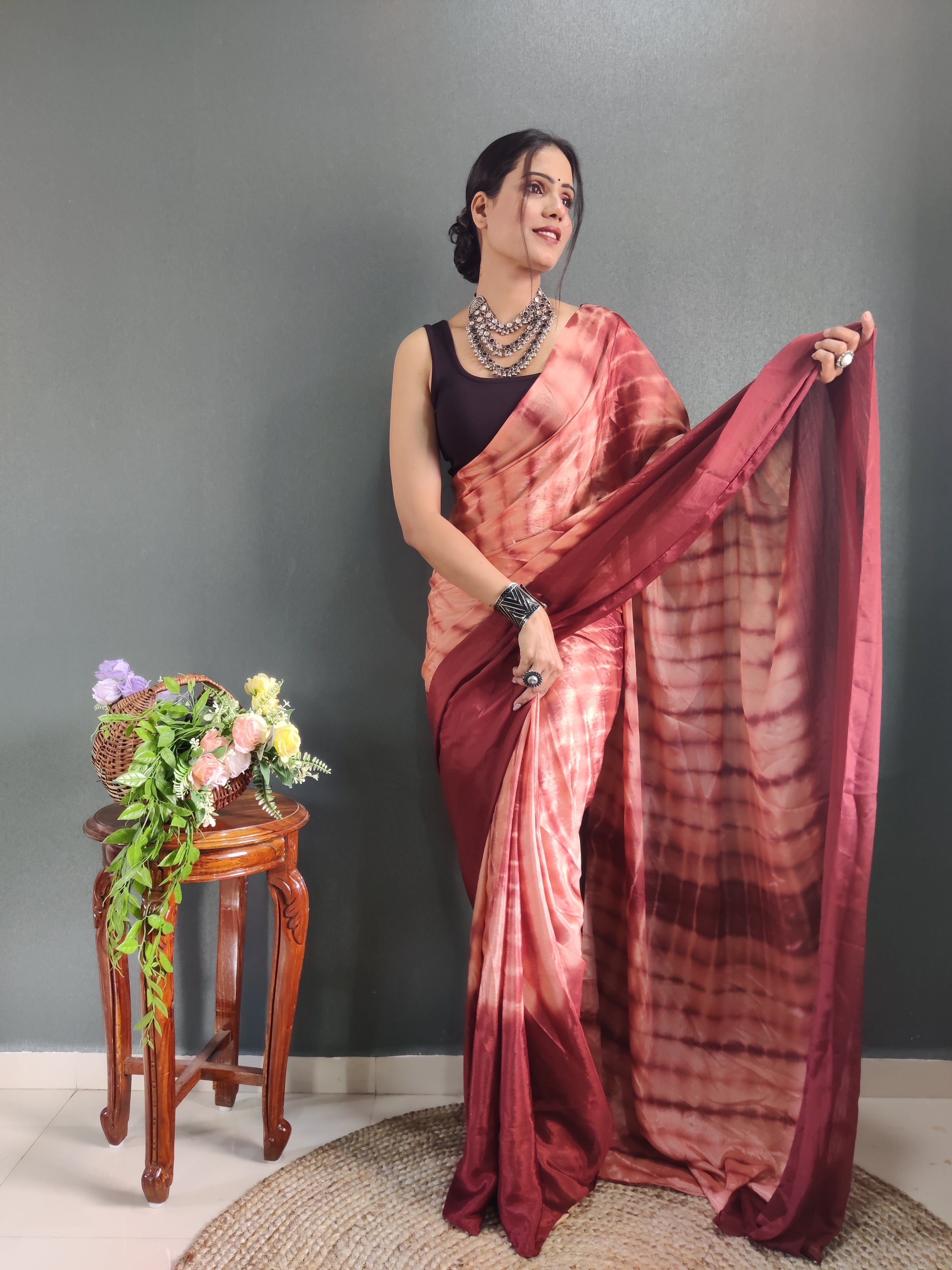 1 MIN Ready To Wear Sibori Border Red Shade Saree