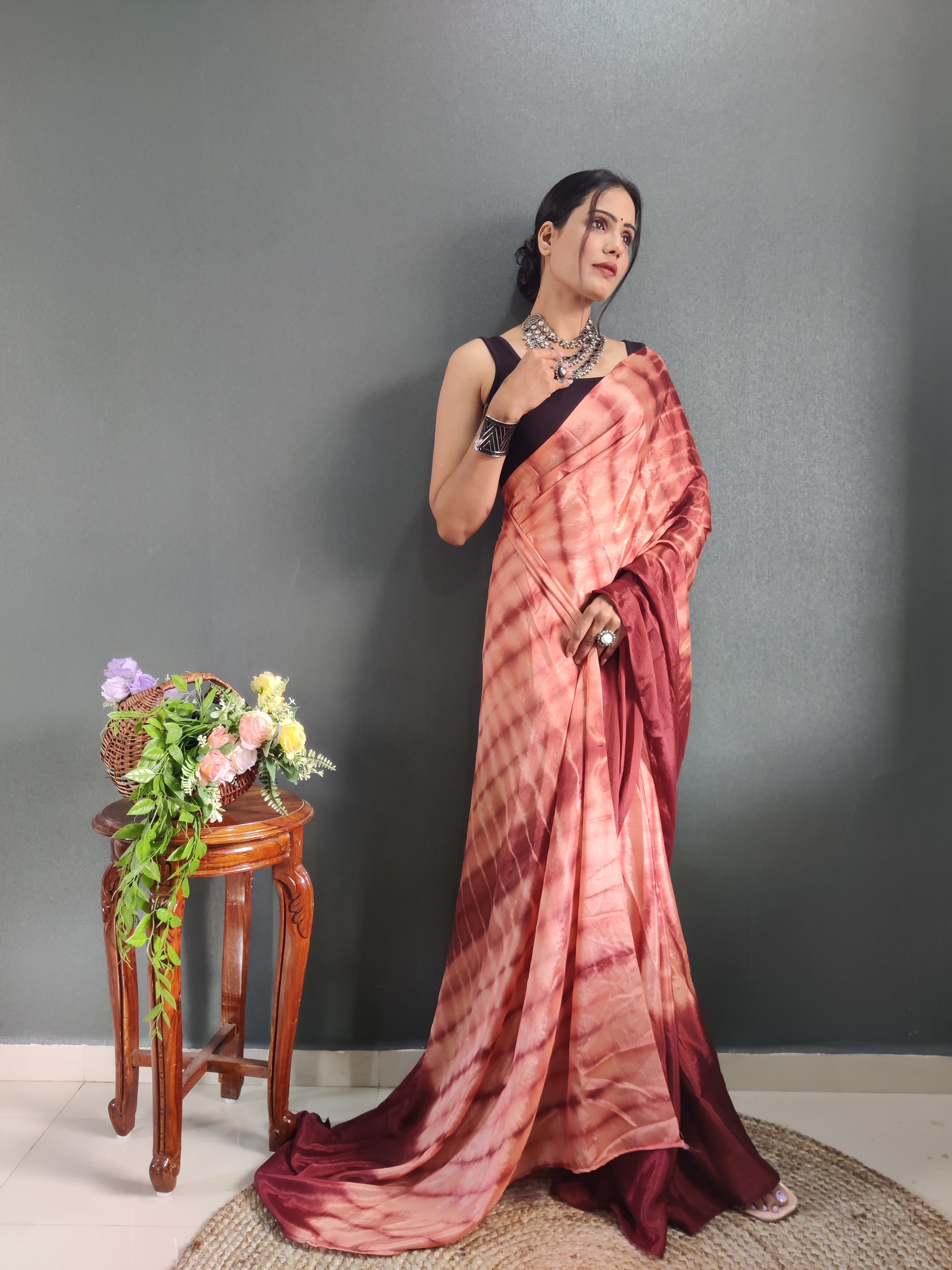 1 MIN Ready To Wear Sibori Border Red Shade Saree