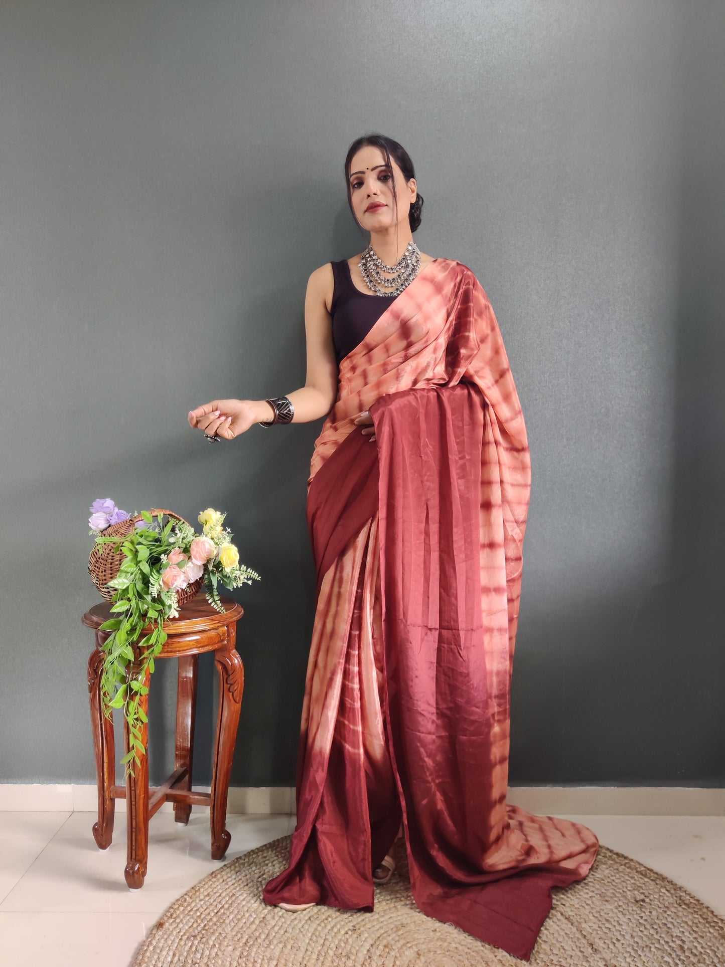 1 MIN Ready To Wear Sibori Border Red Shade Saree