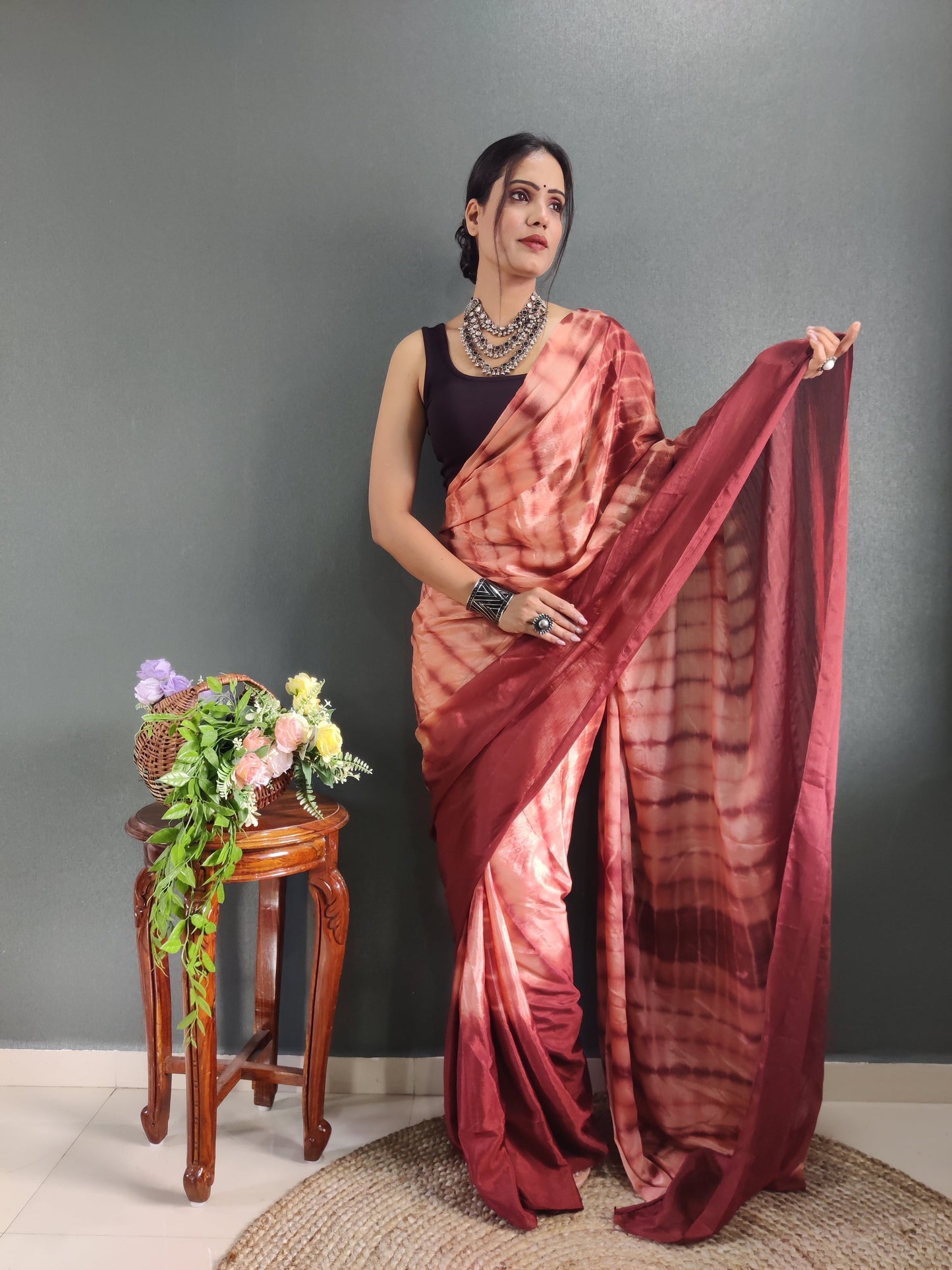 1 MIN Ready To Wear Sibori Border Red Shade Saree