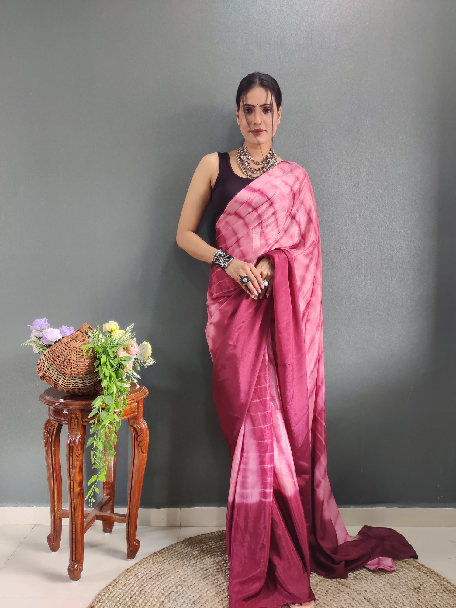 1 MIN Ready To Wear Sibori Border Maroon Shade Saree